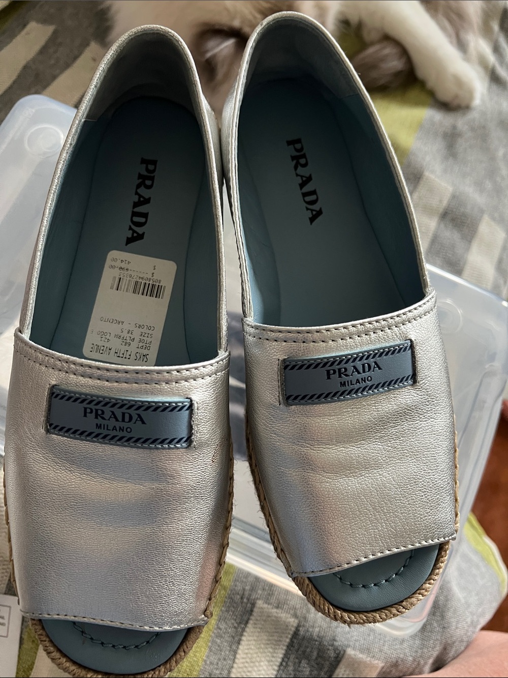 Prada Metallic Silver Leather Peep-Toe Espadrille Slides with Light Blue Insole